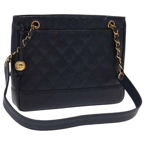 CHANEL Matelasse Chain Shoulder Bag Grained Calf Skin Navy Gold CC Auth ep6286 - Picture 1 of 16